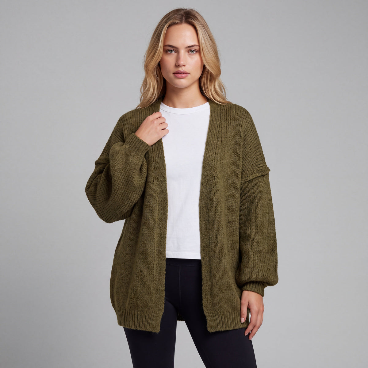 Oversized Lantern Sleeve Open Front Cardigan